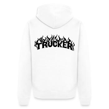 Trucker Schriftzug Flammen - Farbe veränderbar - Unisex Premium Bio Zip Hoodie - Weiß - Hinten - Thijin (182cm)