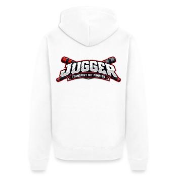 Jugger Teamlogo Banner RotSchwarz - Unisex Premium Bio Zip Hoodie - Weiß - Hinten - Thijin (182cm)