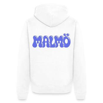 Malmö Retro Blue Periwinkle Wildleder - Unisex Premium Bio Zip Hoodie - Weiß - Hinten - Thijin (182cm)