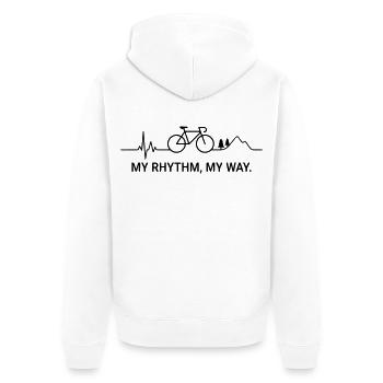 MY RHYTHM MY WAY (Herzschlag - Farbe anpassbar) - Unisex Premium Bio Zip Hoodie - Weiß - Hinten - Thijin (182cm)