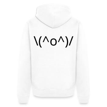 Freude Emote \(^o^)/ Arme hoch Kaomoji - Unisex Premium Bio Zip Hoodie - Weiß - Hinten - Thijin (182cm)