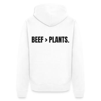 BEEF > PLANTS | Carnivore Steak statt Pflanzen - Unisex Premium Bio Zip Hoodie - Weiß - Hinten - Thijin (182cm)