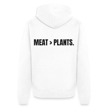 MEAT > PLANTS | Carnivore | Meat Based Statement - Unisex Premium Bio Zip Hoodie - Weiß - Hinten - Thijin (182cm)