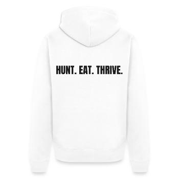 HUNT. EAT. THRIVE. | Carnivore T-Shirt für Jäger - Unisex Premium Bio Zip Hoodie - Weiß - Hinten - Thijin (182cm)