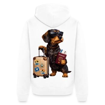 Motif teckel Holiday – Chien drôle avec valise et - Veste à capuche bio Premium Unisexe - blanc - Dos - Thijin (182cm)