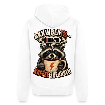 Akku Bei 1 Prozent – Waschbär Kaffee Humor  - Unisex Premium Bio Zip Hoodie - Weiß - Hinten - Thijin (182cm)