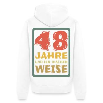 Weisheit 48 - Unisex Premium Bio Zip Hoodie - Weiß - Hinten - Thijin (182cm)