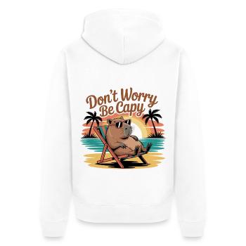 Mach dir keine Sorgen, sei capy - Unisex Premium Bio Zip Hoodie - Weiß - Hinten - Thijin (182cm)