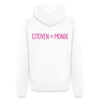 Citoyen du Monde – Globaler Bürger - Unisex Premium Bio Zip Hoodie - Weiß - Hinten - Thijin (182cm)