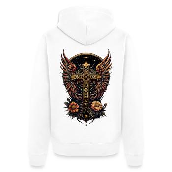 Ein Symbol der Stärke: Das verzierte Kreuz mit Flügeln - Unisex Premium Bio Zip Hoodie - Weiß - Hinten - Thijin (182cm)