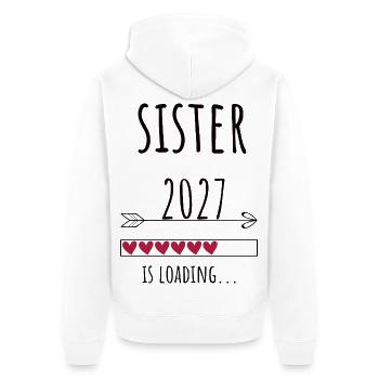 Pregnancy Announcement – Schwester 2027 Geschenk - Unisex Premium Bio Zip Hoodie - Weiß - Hinten - Thijin (182cm)