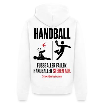 Fußballer fallen, Handballer stehen auf – Shirt - Unisex Premium Bio Zip Hoodie - Weiß - Hinten - Thijin (182cm)