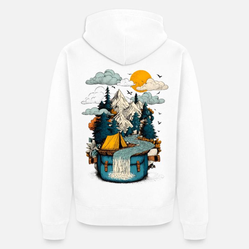 Bergsee Pfad - Camping Backpacker Motiv - Unisex Premium Bio Zip Hoodie - Weiß