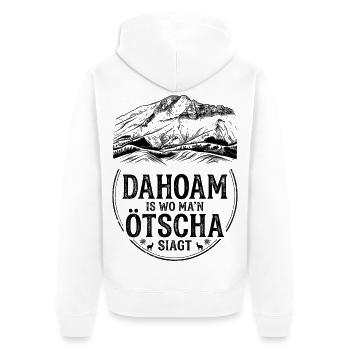 Ötscher Heimat-Shirt Dahoam is wo man Ötscha siagt - Unisex Premium Bio Zip Hoodie - Weiß - Hinten - Thijin (182cm)