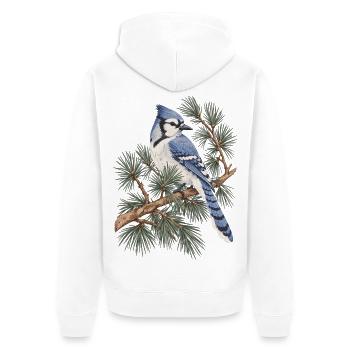 Blauer Eichelhäher auf Kiefernzweigen - Unisex Premium Bio Zip Hoodie - Weiß - Hinten - Thijin (182cm)