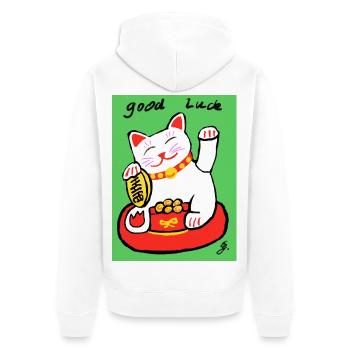 EG Katze I Tier I Winkekatze I Glücksbringer - Unisex Premium Bio Zip Hoodie - Weiß - Hinten - Thijin (182cm)