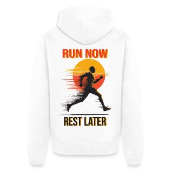 Running T-Shirt – Run Now Rest Later - Unisex Premium Organic Zip Hoodie - white - Back - Thijin (182cm)