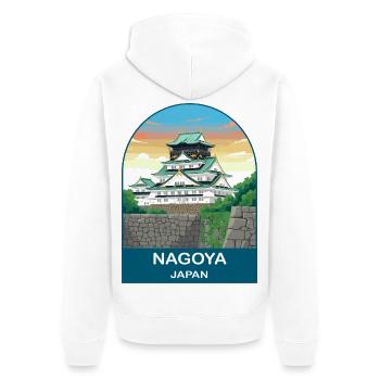 Art d’affiches de voyage vintage du château de Nagoya Japan - Veste à capuche bio Premium Unisexe - blanc - Dos - Thijin (182cm)