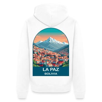 Art de voyage vintage dans le téléphérique de La Paz Bolivia - Veste à capuche bio Premium Unisexe - blanc - Dos - Thijin (182cm)