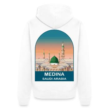 Design de voyage de mosquée vintage à Medina en Arabie Saoudite - Veste à capuche bio Premium Unisexe - blanc - Dos - Thijin (182cm)