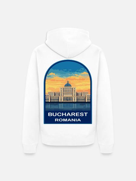 Bukarest Rumäniens Parlament Retro Sonnenuntergangsabzeichen - Unisex Premium Bio Zip Hoodie - Weiß