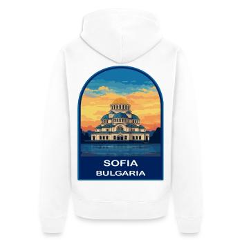 Insigne rétro du coucher de soleil de la cathédrale de Sofia Bulgarie Nevsky - Veste à capuche bio Premium Unisexe - blanc - Dos - Thijin (182cm)