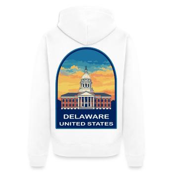 Badge de voyage rétro Sunset du Capitole de l’État du Delaware - Veste à capuche bio Premium Unisexe - blanc - Dos - Thijin (182cm)