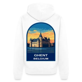 Gent Belgien Schloss Gravensteen Retro Sonnenuntergang Badg - Unisex Premium Bio Zip Hoodie - Weiß - Hinten - Thijin (182cm)