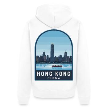 Hong Kong Skyline Star Ferry Retro Blue Sky Badge - Unisex Premium Organic Zip Hoodie - white - Back - Thijin (182cm)