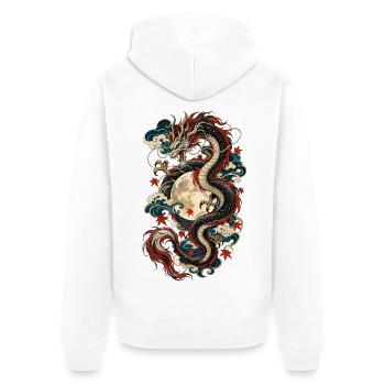 Monddrache über goldenem Vollmond - Unisex Premium Bio Zip Hoodie - Weiß - Hinten - Thijin (182cm)