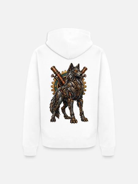 Steampunk-Wolf mit Zahnrädern - Unisex Premium Bio Zip Hoodie - Weiß