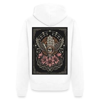 Geflügelte Hand mit zentralem Auge und Blumen - Unisex Premium Bio Zip Hoodie - Weiß - Hinten - Thijin (182cm)