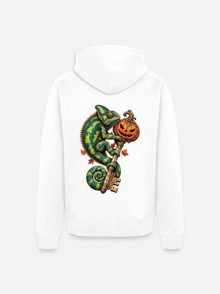 Kameleon mit Kürbis-Schloss - Unisex Premium Bio Zip Hoodie - Weiß