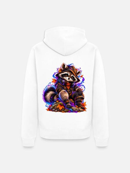 Neon-Waschbär mit Herbstlaub - Unisex Premium Bio Zip Hoodie - Weiß