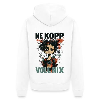 NE KOPP VOLL NIX – Through and still there - Unisex Premium Organic Zip Hoodie - white - Back - Thijin (182cm)