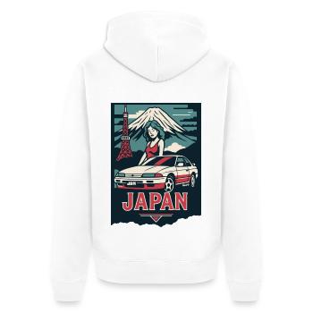 JAPAN JDM – Retro Car Poster with Fuji & Style - Unisex Premium Organic Zip Hoodie - white - Back - Thijin (182cm)