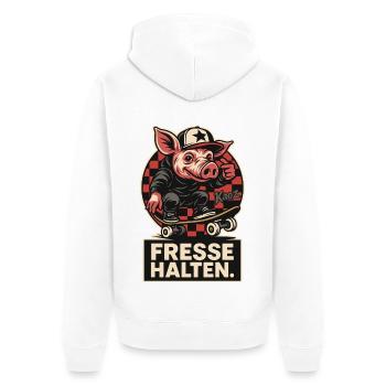 Skater Schwein mit Cap und Fresse halten Spruch - Unisex Premium Bio Zip Hoodie - Weiß - Hinten - Thijin (182cm)