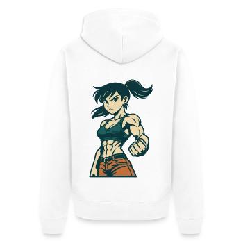 Muskulöse Kämpferin mit Zopf und starker Faust - Unisex Premium Bio Zip Hoodie - Weiß - Hinten - Thijin (182cm)