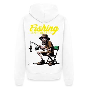 FishingTherapy - Unisex Premium Bio Zip Hoodie - Weiß - Hinten - Thijin (182cm)
