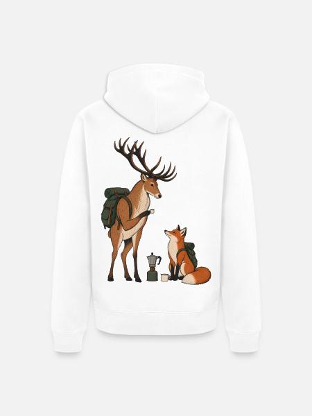 Hirsch & Fuchs – Kaffeepause beim Wandern - Unisex Premium Bio Zip Hoodie - Weiß