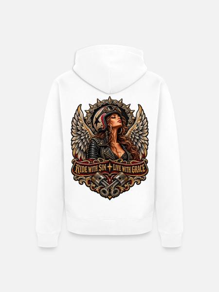 Flügelbikerin: Ride with Sin - Unisex Premium Bio Zip Hoodie - Weiß