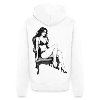 Burlesque Lady im Vintage Sessel – Schwarz-Weiß - Unisex Premium Bio Zip Hoodie - Weiß - Hinten - Thijin (182cm)