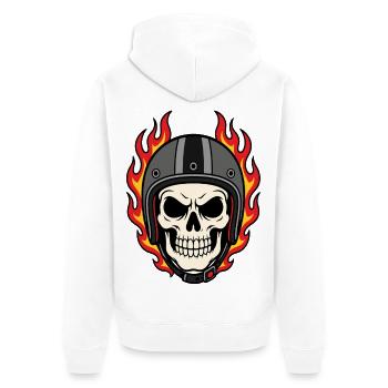 Flammender Totenkopf mit Motorradhelm - Unisex Premium Bio Zip Hoodie - Weiß - Hinten - Thijin (182cm)