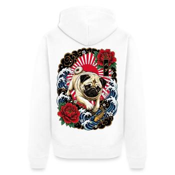 Mops im japanischen Irezumi Tattoo Stil - Unisex Premium Bio Zip Hoodie - Weiß - Hinten - Thijin (182cm)