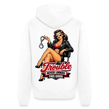 Pin-Up Biker Lady : Les ennuis avaient l’air bien - Veste à capuche bio Premium Unisexe - blanc - Dos - Thijin (182cm)