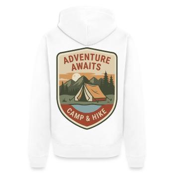 Abenteuer wartet: Camp & Hike - Unisex Premium Bio Zip Hoodie - Weiß - Hinten - Thijin (182cm)