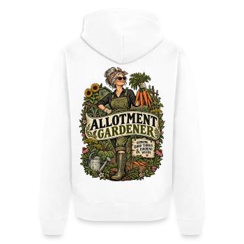 Ein grauhaariger Latzhosen mit Humor - Unisex Premium Bio Zip Hoodie - Weiß - Hinten - Thijin (182cm)