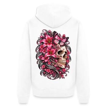 Totenkopffrau, Schädel, Schmetterlingsblüten, rosa Lilien - Unisex Premium Bio Zip Hoodie - Weiß - Hinten - Thijin (182cm)