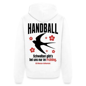 Handball Spruch – Schwalben nur im Frühling - Unisex Premium Bio Zip Hoodie - Weiß - Hinten - Thijin (182cm)