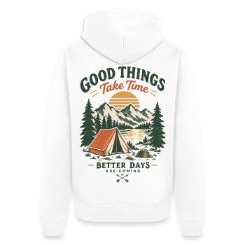 Gute Dinge brauchen Zeit – Campinglandschaft - Unisex Premium Bio Zip Hoodie - Weiß - Hinten - Thijin (182cm)